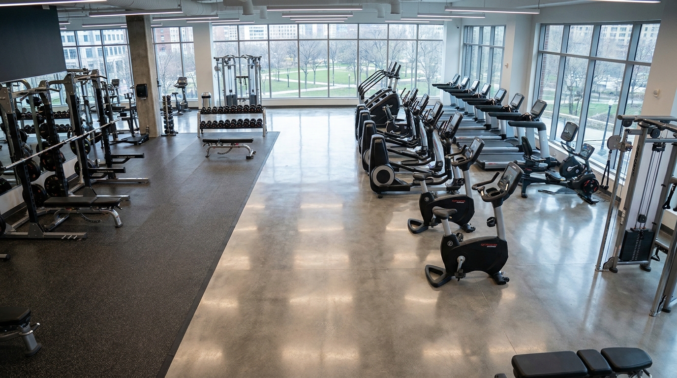 Commercial gym equipment arranged in a modern fitness facility.