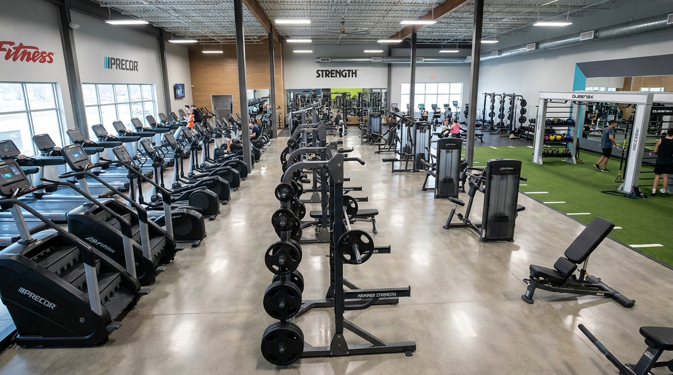 Fully equipped commercial gym with balanced training zones.
